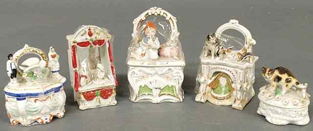 Appraisal: Five th c Staffordshire covered boxes one titled A Little