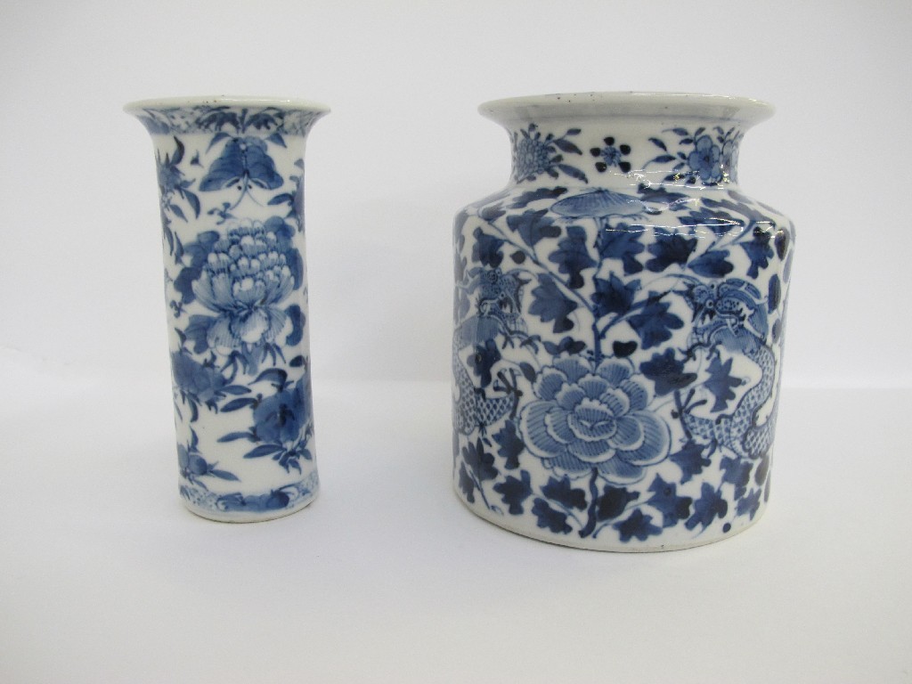 Appraisal: Chinese blue and white cylindrical vase and a dragon decorated