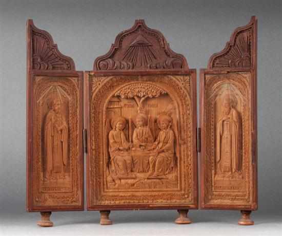 Appraisal: Russian carved boxwood devotional triptych th century center section of