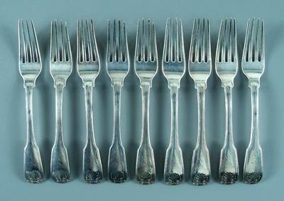 Appraisal: Nine Charleston coin silver forks fiddle handles thread borders shell