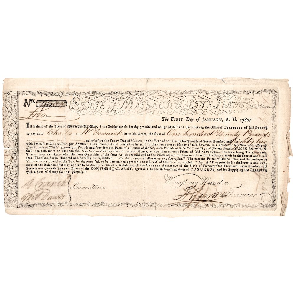 Appraisal: January -Dated Revolutionary War Massachusetts Treasury Certificate American Revolution America's