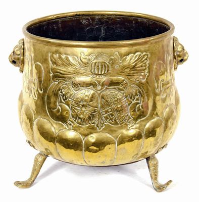 Appraisal: A Dutch brass jardiniere with embossed decoration and lion's mask