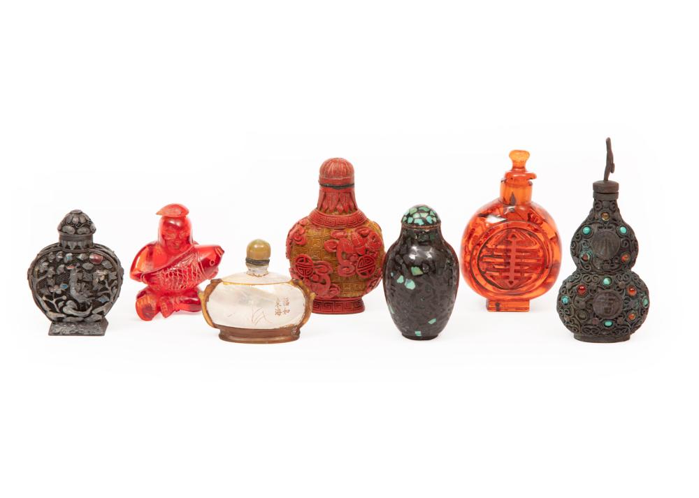 Appraisal: Six Chinese Snuff Bottles incl mother-of-pearl w in pottery imitating