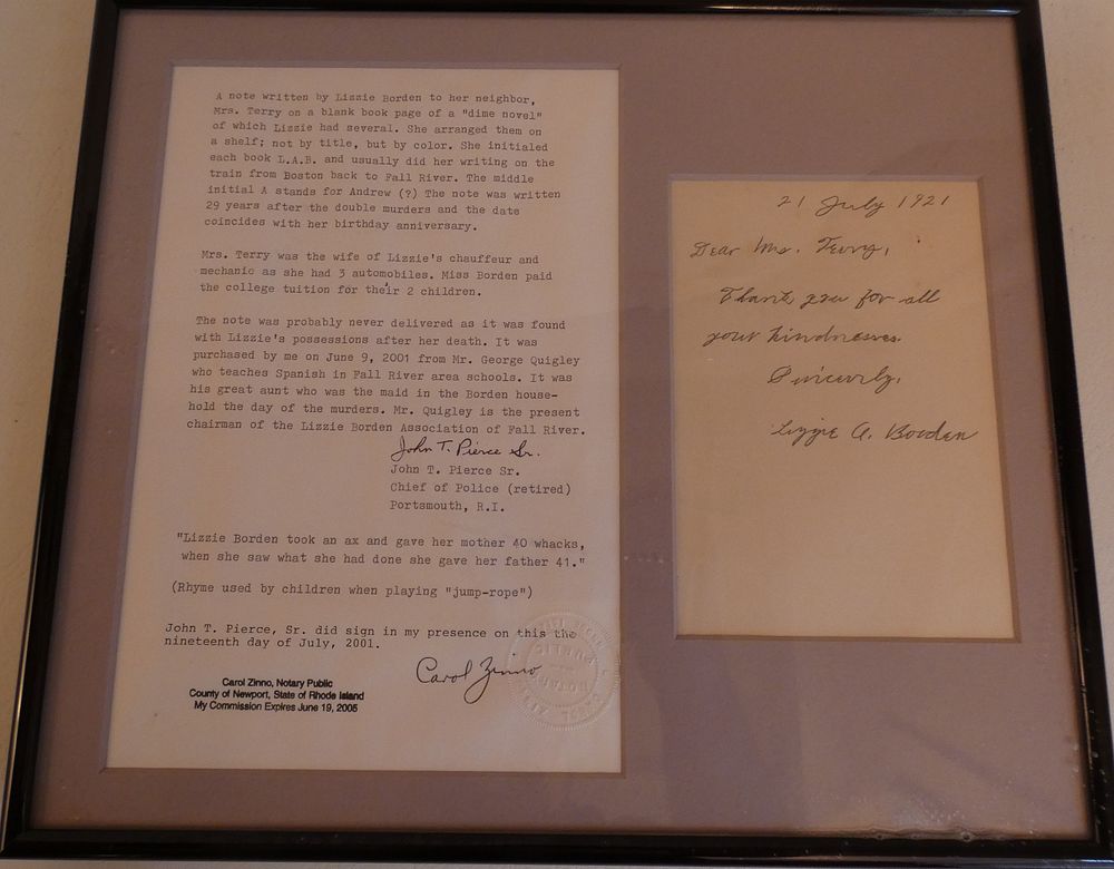 Appraisal: LIZZIE BORDEN SIGNED LETTER Framed note dated and signed by