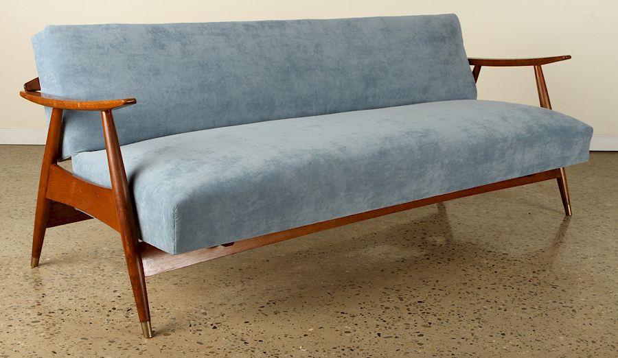 Appraisal: UPHOLSTERED OAK OPEN ARM SOFA HINGED BACK DAYBED A upholstered