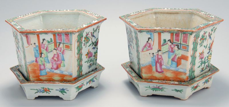 Appraisal: PAIR OF CHINESE EXPORT PORCELAIN JARDINIERES WITH UNDERTRAYS Mid- th