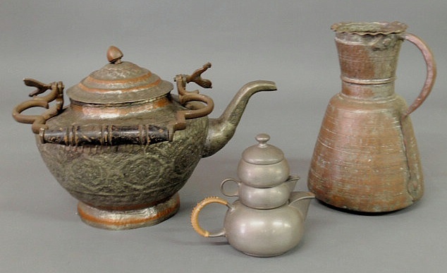 Appraisal: Three metal vessels small Greek kettle h pewter teapot h