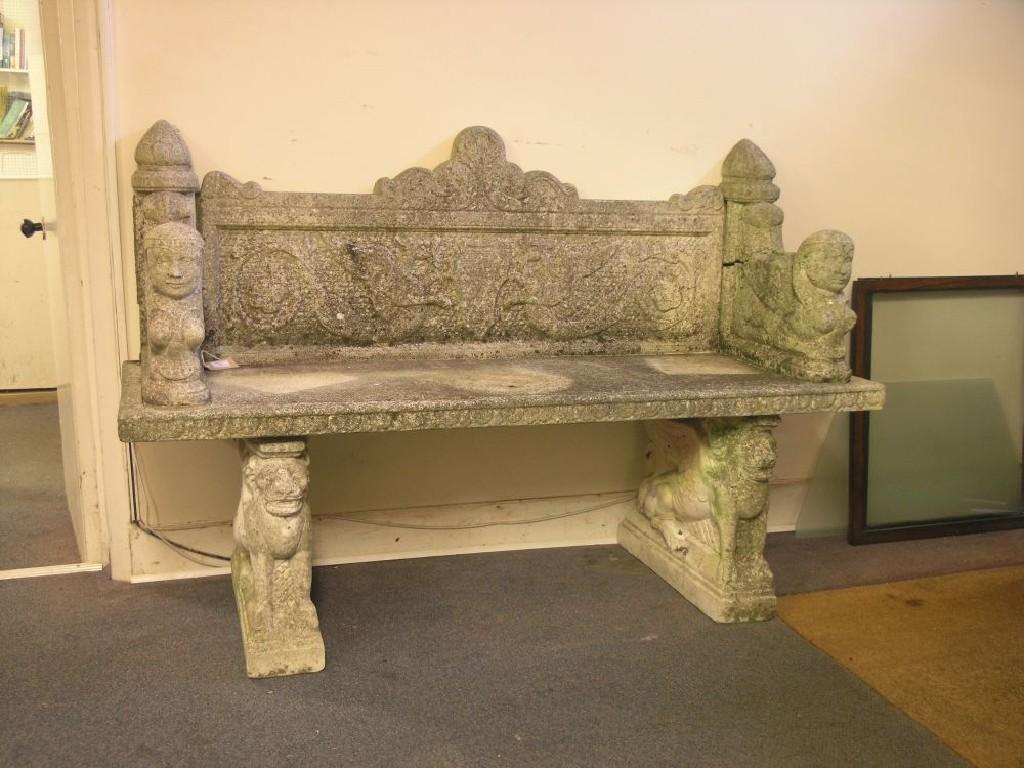 Appraisal: A George II-style moulded concrete garden bench details include sphinx