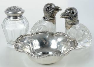 Appraisal: Four Sterling Items including two bird form perfume decanters with