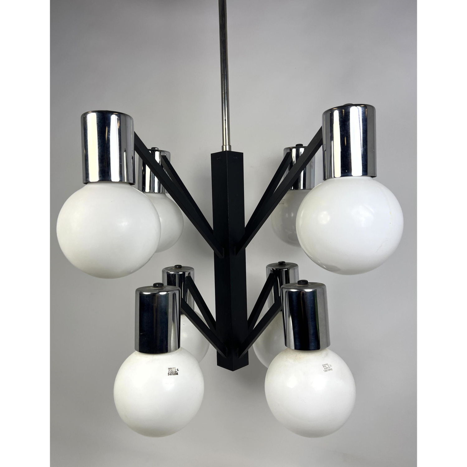 Appraisal: Modernist Black and Chrome Chandelier Eight Arms hold White Glass