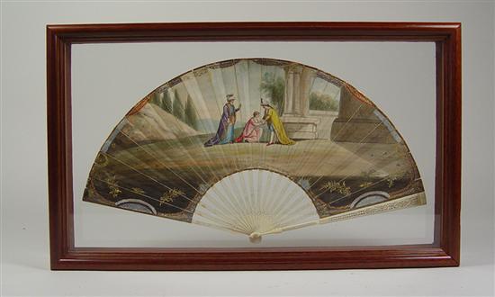 Appraisal: Hand Painted Fan with Watercolor Scene Mid th Century Turbaned