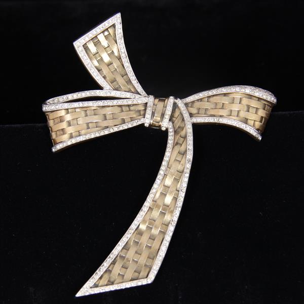 Appraisal: Trifari Gold Tone GIANT Basketweave Ribbon Bow Brooch with Rhinestones