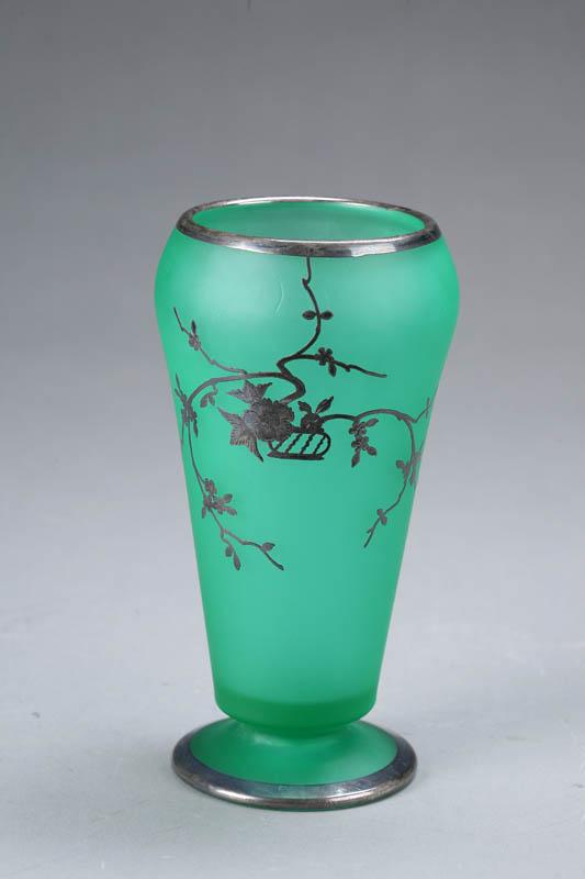 Appraisal: ART GLASS VASE Green satin glass with silver overlay motif