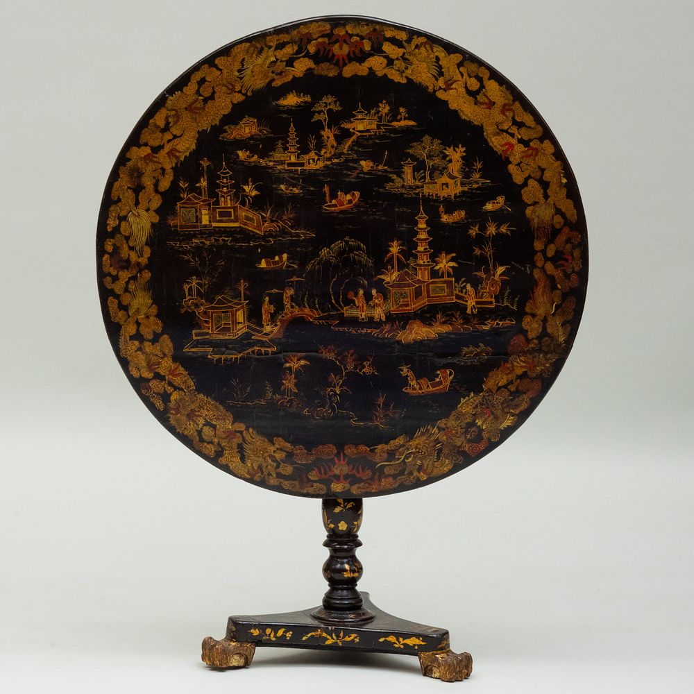 Appraisal: Chinese Export Black Lacquer and Parcel-Gilt Tilt Top Table x