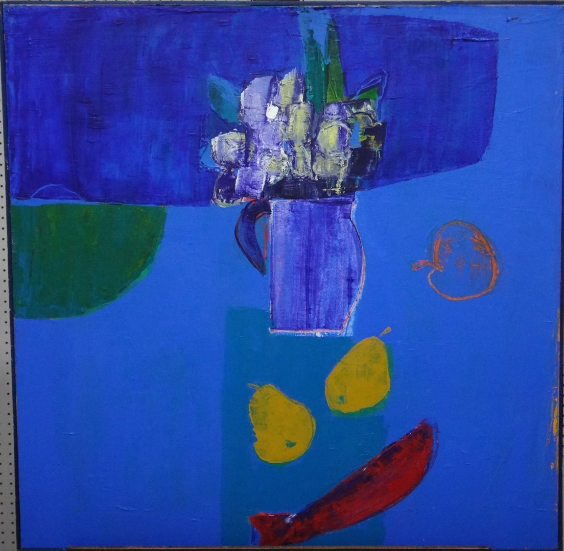 Appraisal: Julia Burns th century Blue jug and pears composition in