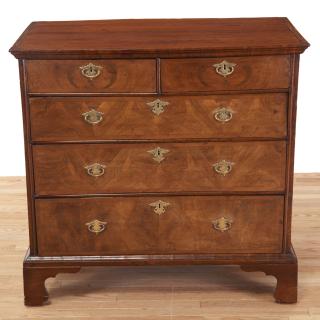 Appraisal: George II burled walnut chest of drawers George II burled