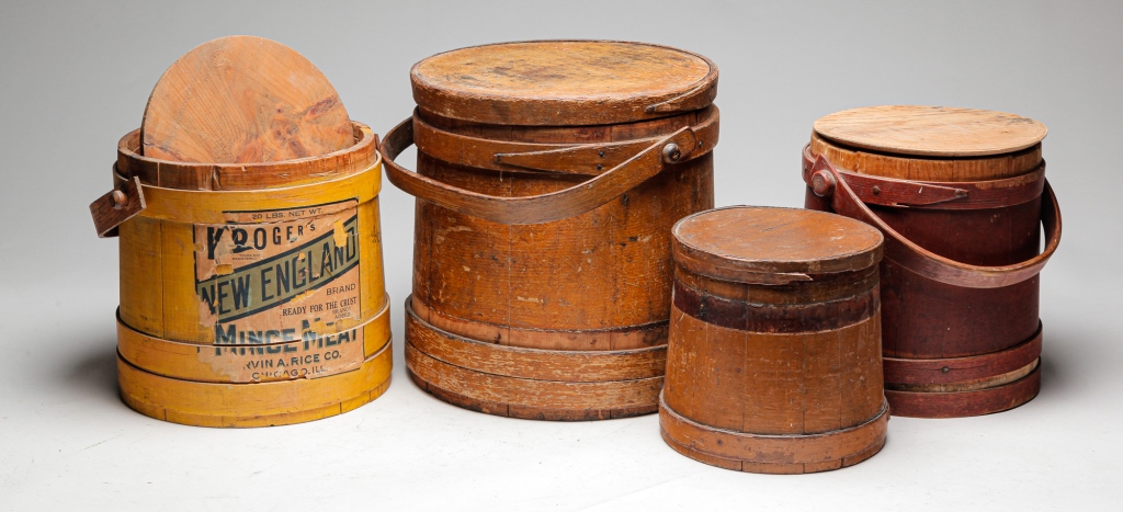 Appraisal: FOUR AMERICAN SUGAR BUCKETS Second half th century Stave construction