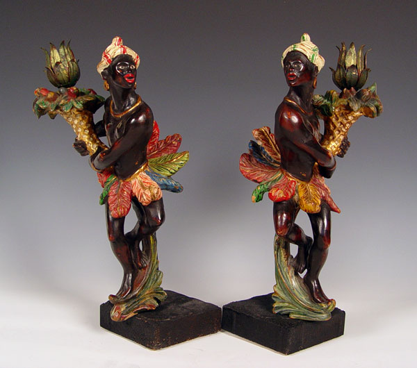 Appraisal: PAIR POLYCHROME CARVED WOOD BLACKAMOOR SCONCES Single light sconces are