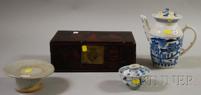 Appraisal: Chinese Lacquer Box Blue and White Porcelain Teapot Cup with