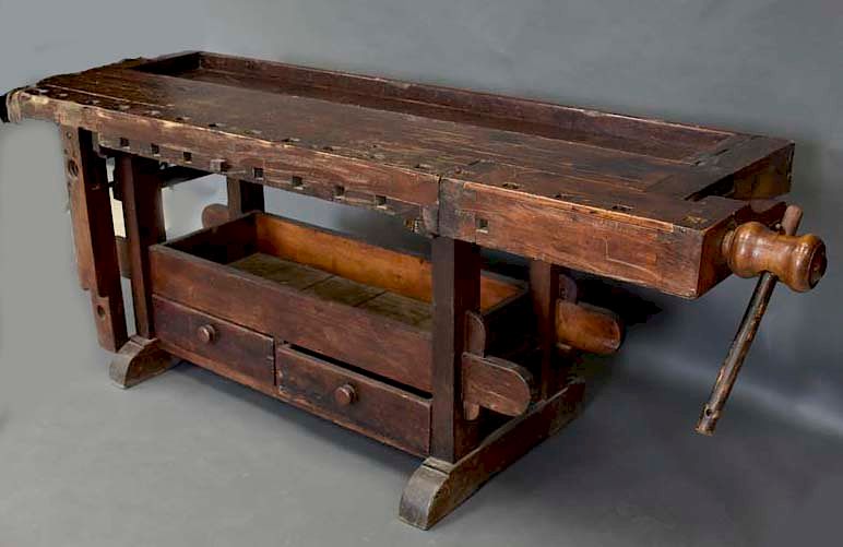 Appraisal: Early Work Table Bench with Wooden Vise Measures Early Work