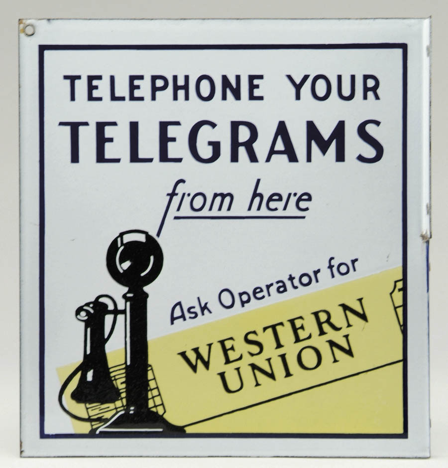 Appraisal: WESTERN UNION PORCELAIN SIGN Two-sided flange sign with candlestick telephone