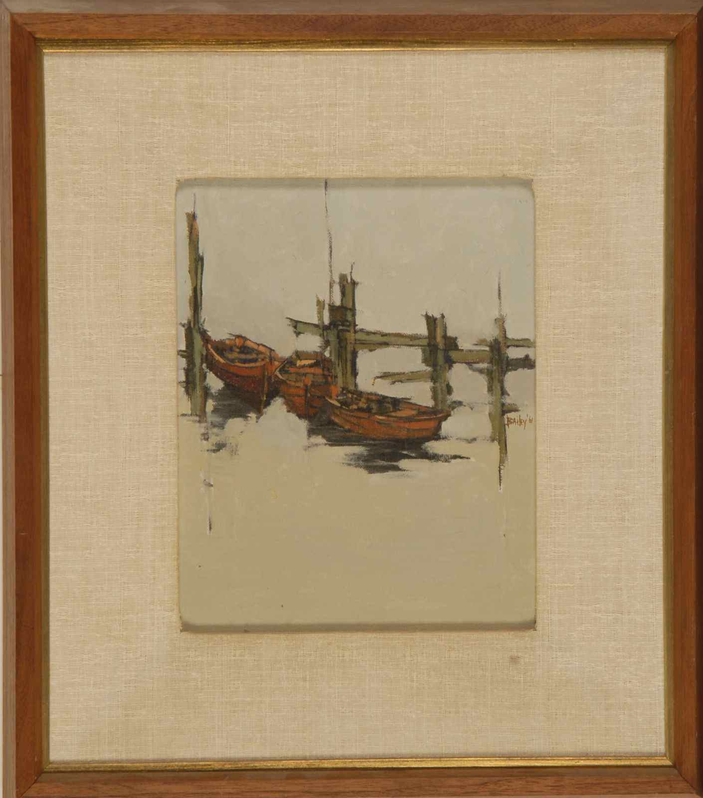 Appraisal: ROY BAILEYAmerican b Three Red Boats'' depicting three red dories