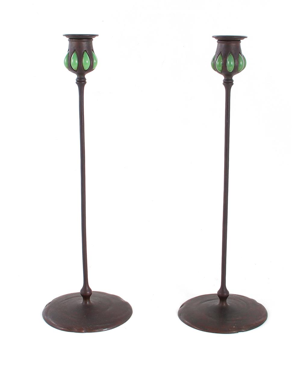 Appraisal: Pair Tiffany Studios bronze candlesticks early th century tall slender