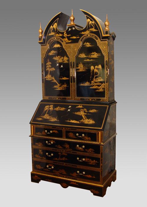 Appraisal: BLACK LACQUERED CHINOISERIE BLINDFRONT SECRETARY DESK Broken arch pediment with