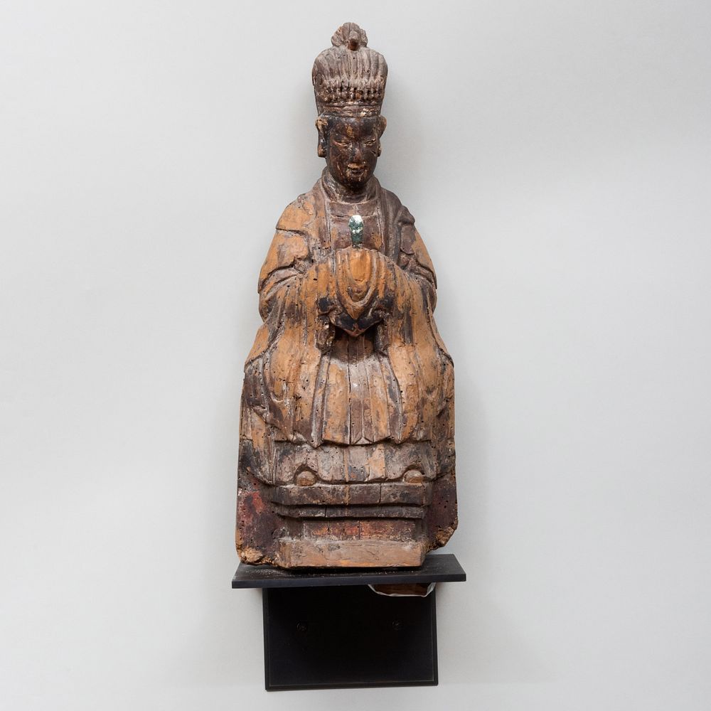 Appraisal: Chinese Polychromed Wood Figure of a Seated Immortal Mounted on