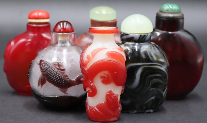 Appraisal: Collection of Chinese Glass Snuff Bottles Various shapes sizes and