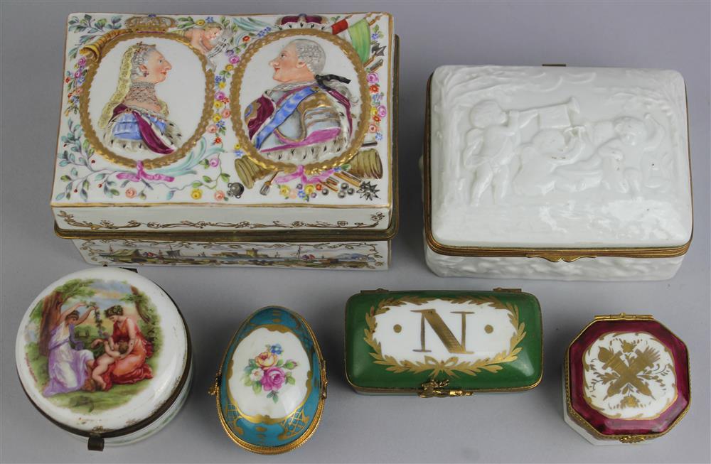 Appraisal: SIX CONTINENTAL GILT METAL MOUNTED PORCELAIN BOXES including one rectangular