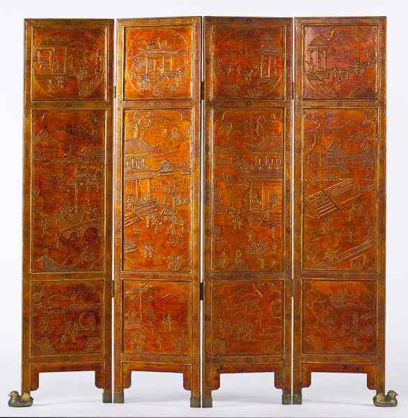 Appraisal: Chinese Four-Panel Folding Floor Screeneach panel featuring three vignettes of