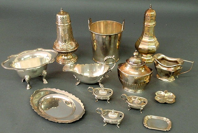 Appraisal: Group of silverplate table articles- casters gravy boat salts bucket