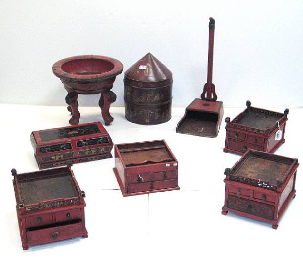 Appraisal: A group of eight Chinese red lacquered wood accessories Including