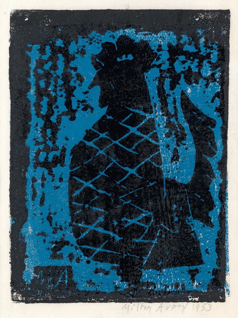 Appraisal: MILTON AVERY Rooster Color woodcut printed in blue and black