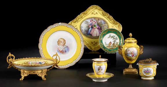 Appraisal: Sevres Fond Jaune-Bordered Porcelain Dinner Plate with a later fourth