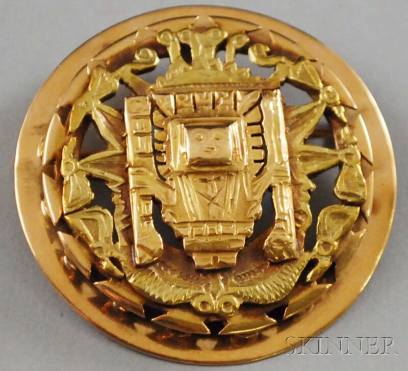 Appraisal: South American High-karat Bicolor Gold Circle Brooch centering a stylized