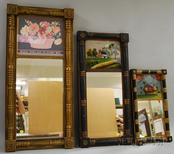 Appraisal: Three Gold-painted and Ebonized Federal Split-baluster Mirrors two with reverse-painted