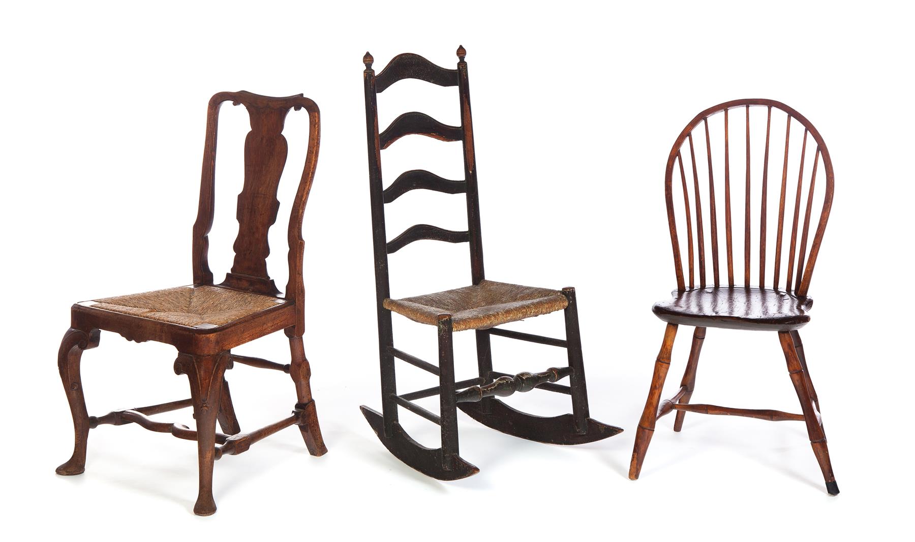 Appraisal: THREE CHAIRS Eighteenth century-early th century American hoop back Windsor