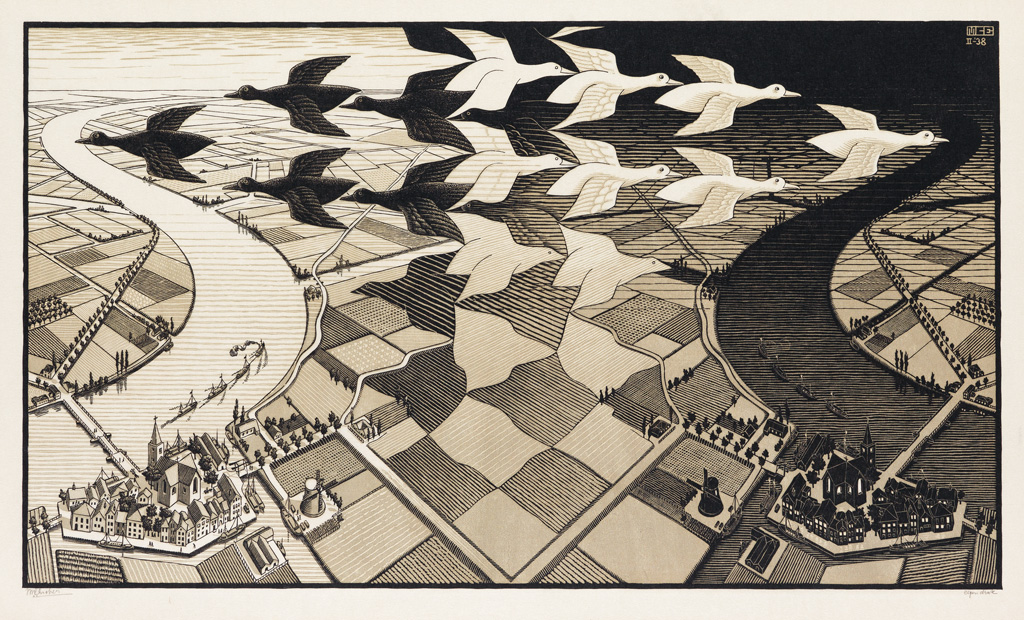 Appraisal: MAURITS C ESCHER Day and Night Color woodcut printed in