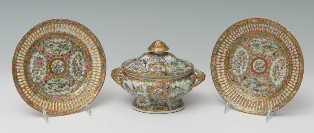 Appraisal: CHINESE FAMILLE ROSE COVERED SUGAR AND TWO RETICULATED PLATES pieces