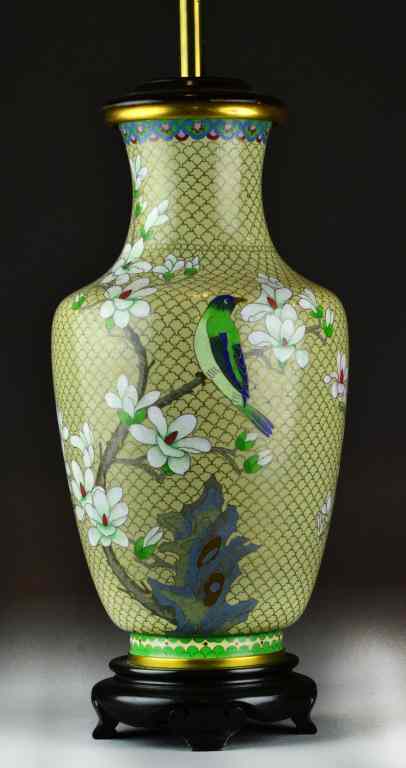 Appraisal: Chinese Cloisonne LampDepicting birds and floral decoration raised on carved