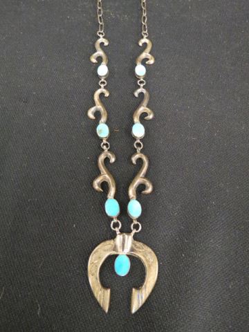 Appraisal: Indian Squash Blossom Necklace turquoise and sterling long Old Pawn