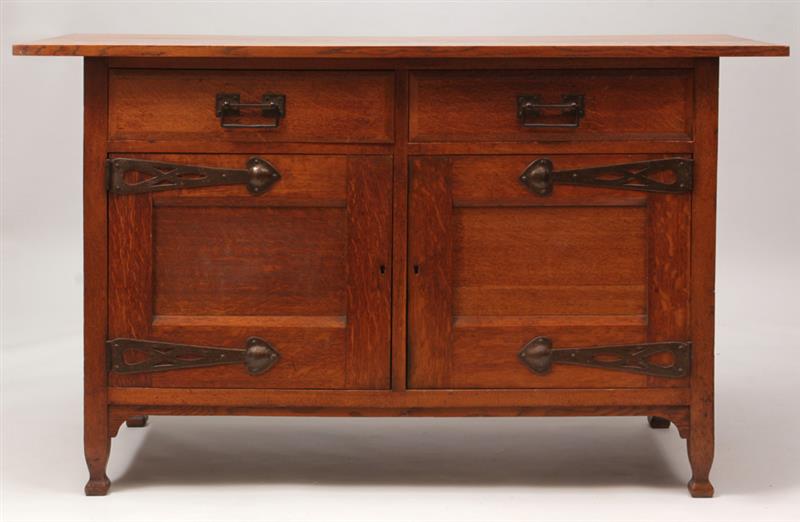 Appraisal: English Arts Crafts Oak Sideboard Possibly Liberty With wrought-iron handles