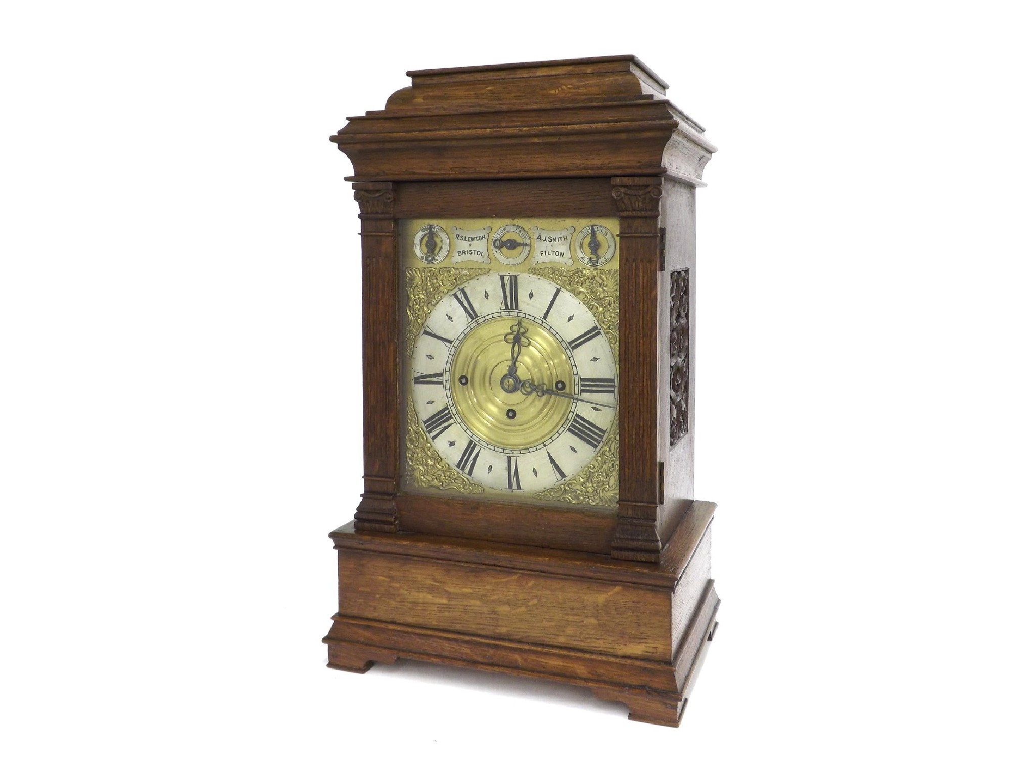 Appraisal: Large impressive English oak triple fusee mantel clock the rectangular