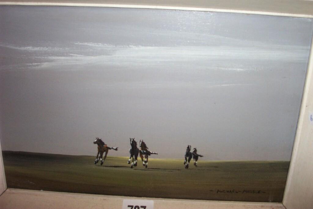 Appraisal: An oil painting on board of racehorses galloping in an