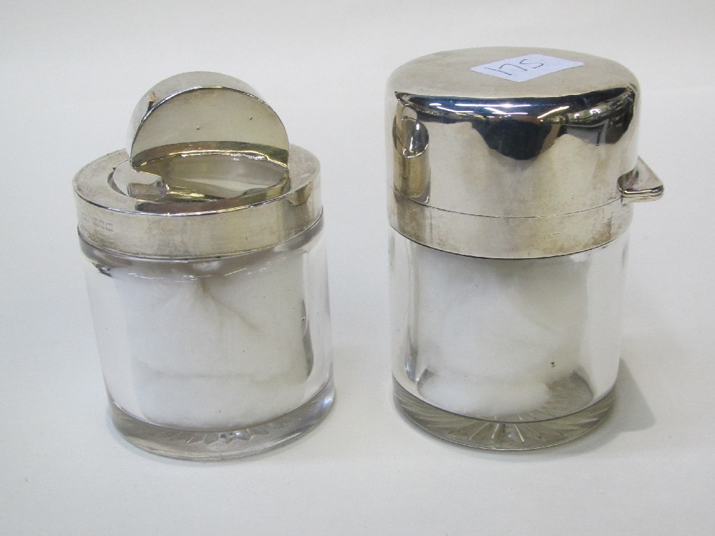 Appraisal: Lot comprising two silver mounted and topped dressing table jars