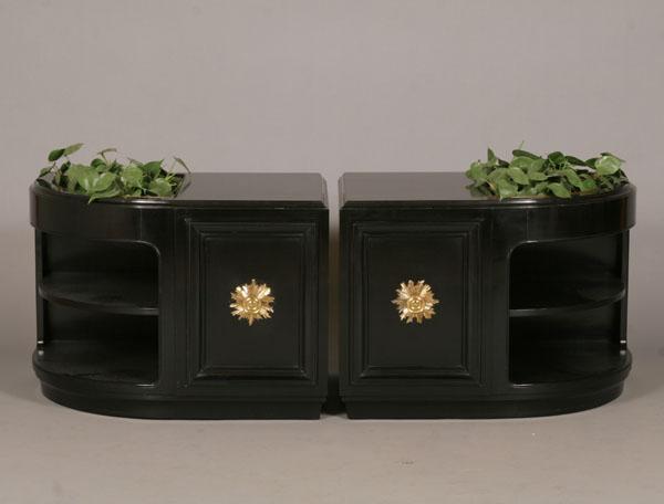 Appraisal: Hollywood regency curved black lacquer cabinet side tables with planter