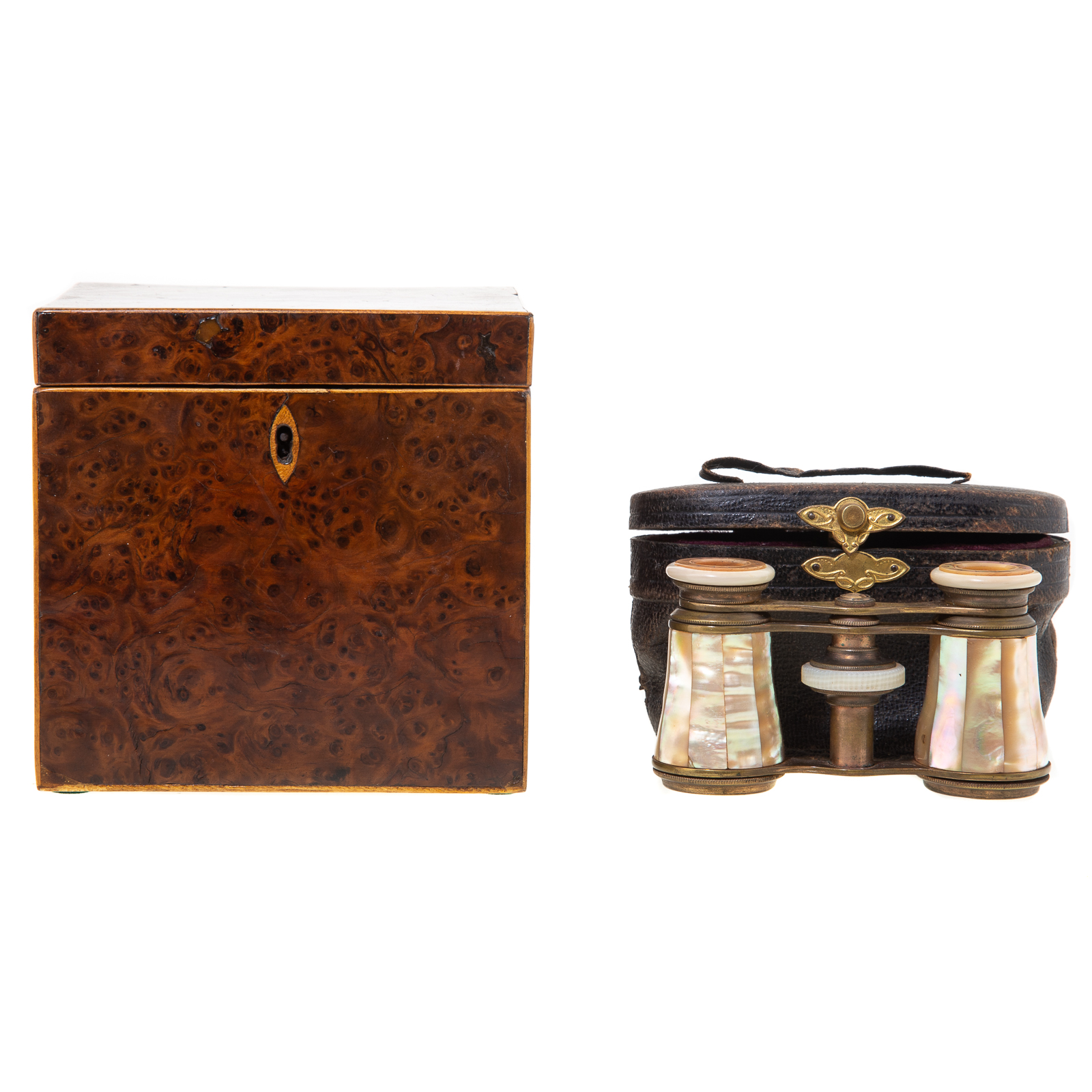 Appraisal: GEORGE III BURL WALNUT TEA CADDY OPERA GLASSES Circa cube