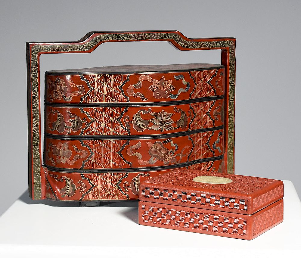 Appraisal: Two Chinese boxes Two Chinese boxes one cinnabar lacquer with